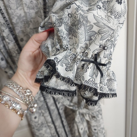 Oscar De La Renta Pink Label Robe Womens M White Black Floral Tie 3/4 Sleeve - Picture 8 of 10